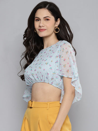 Blue Dobby Floral Butterfly Sleeve Crop Top