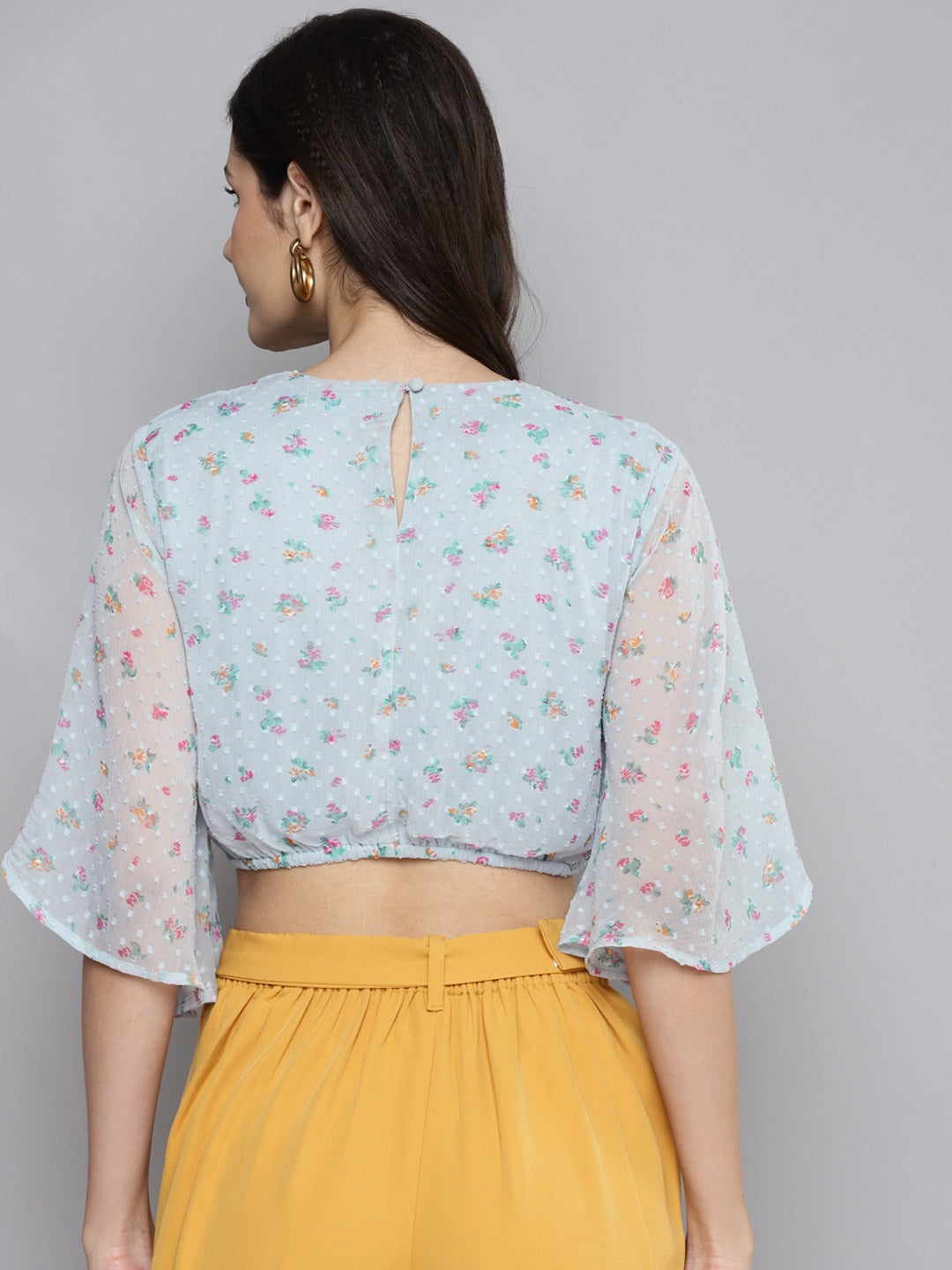Blue Dobby Floral Butterfly Sleeve Crop Top