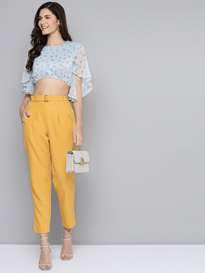 Blue Dobby Floral Butterfly Sleeve Crop Top
