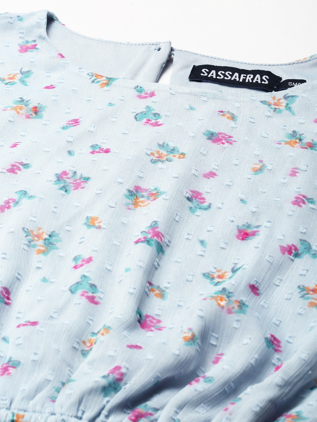 Blue Dobby Floral Butterfly Sleeve Crop Top
