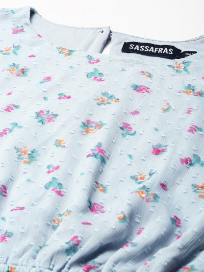 Blue Dobby Floral Butterfly Sleeve Crop Top