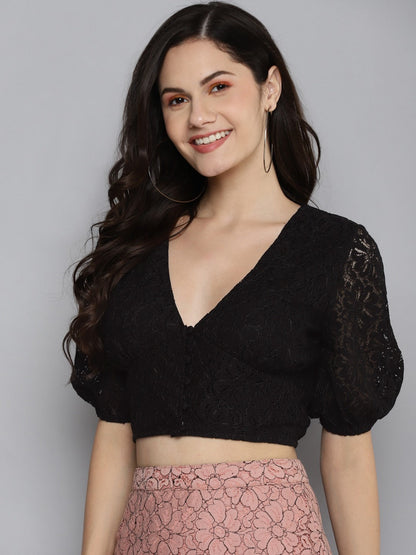 Women Black Lace Puff Sleeve Crop Top
