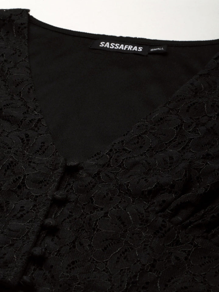 Women Black Lace Puff Sleeve Crop Top