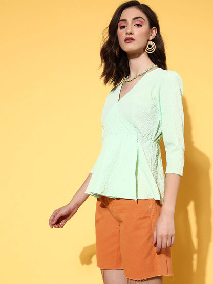 Mint Green V-Neck Wrap Peplum Top