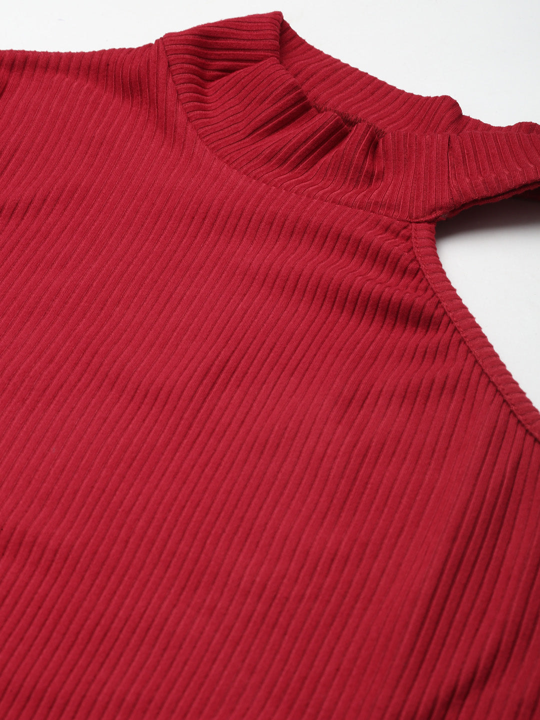 Women Red Rib One Shoulder Collar Crop Top