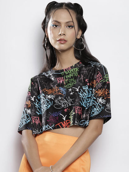 Women Black Text Print Boxy Crop Top