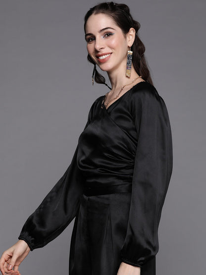 Women Black Satin Gathered Crop Bustier Top