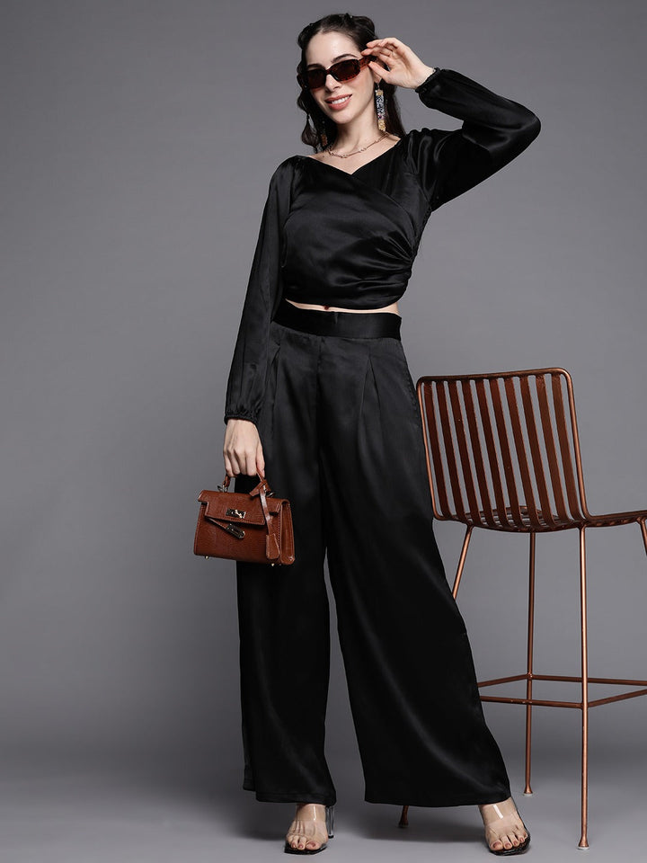 Women Black Satin Gathered Crop Bustier Top