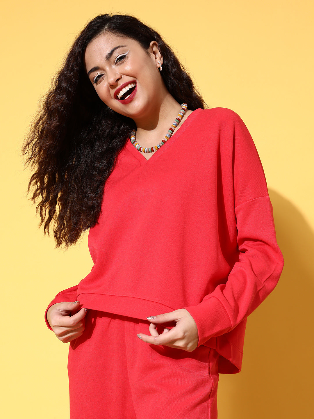 Red Rib V-Neck High-Low Sweater Top