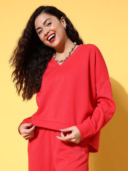 Red Rib V-Neck High-Low Sweater Top
