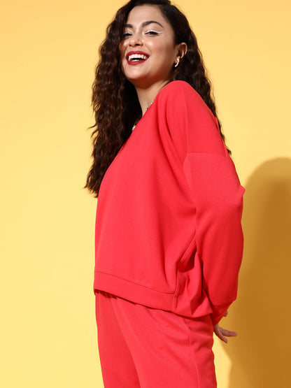 Red Rib V-Neck High-Low Sweater Top