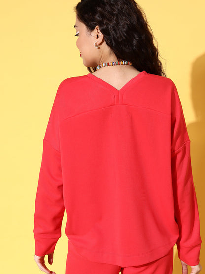 Red Rib V-Neck High-Low Sweater Top