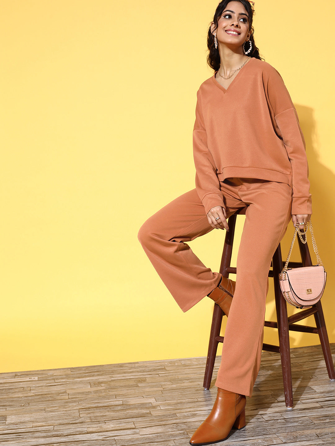 Rust Rib V-Neck High-Low Sweater Top
