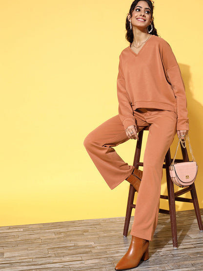 Rust Rib V-Neck High-Low Sweater Top