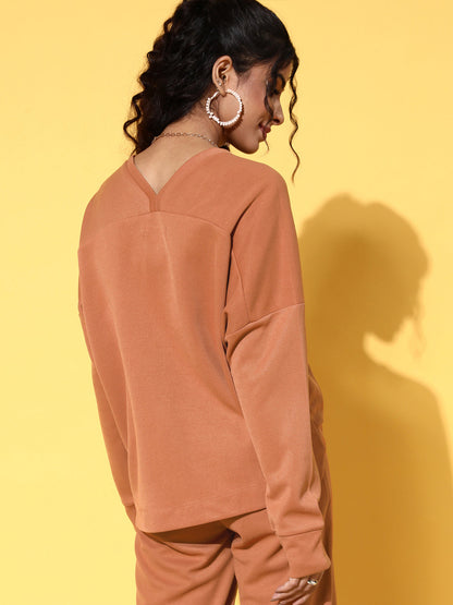 Rust Rib V-Neck High-Low Sweater Top