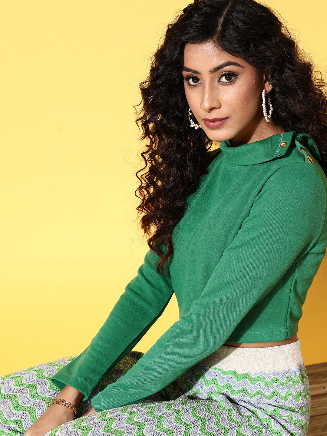 Green Rib High Neck Crop Top