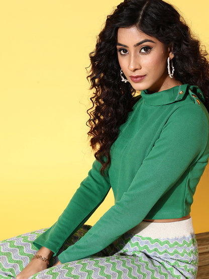 Green Rib High Neck Crop Top