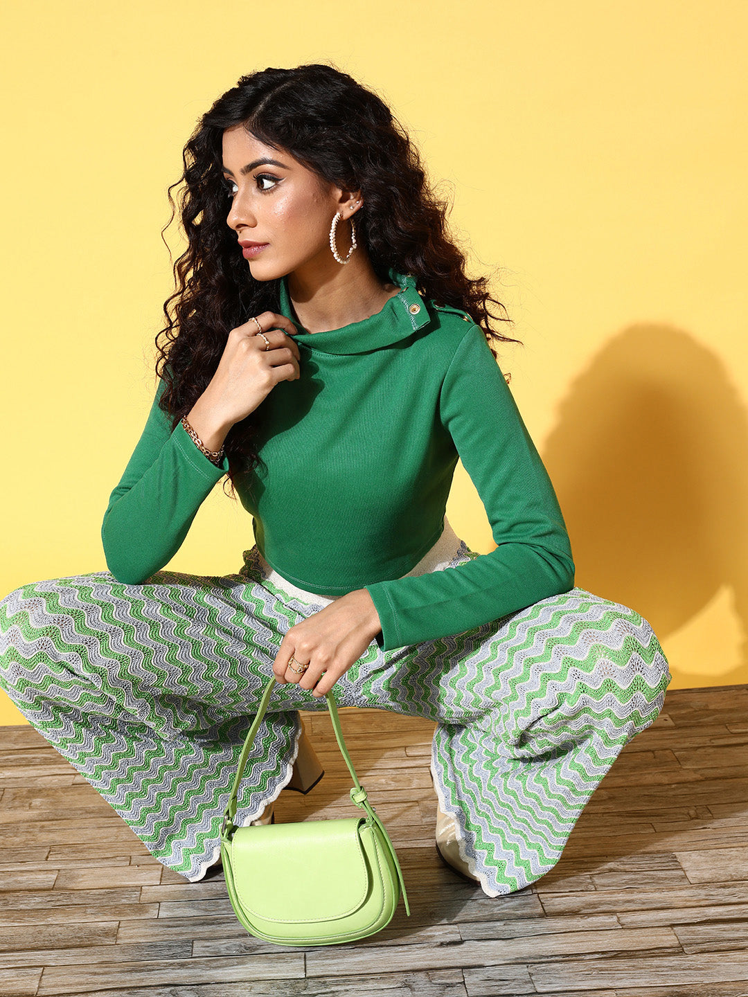 Green Rib High Neck Crop Top