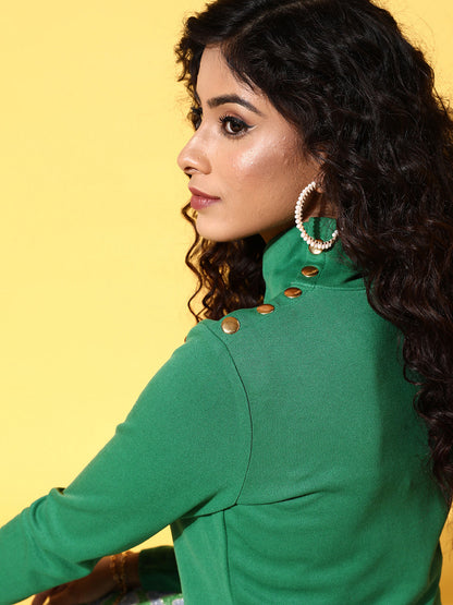 Green Rib High Neck Crop Top