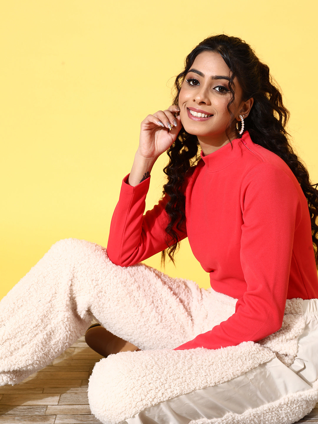 Red Rib High Neck Top