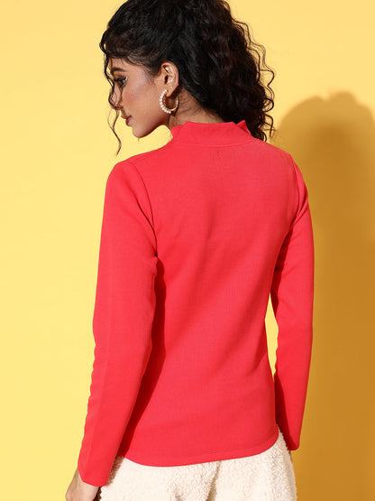 Red Rib High Neck Top