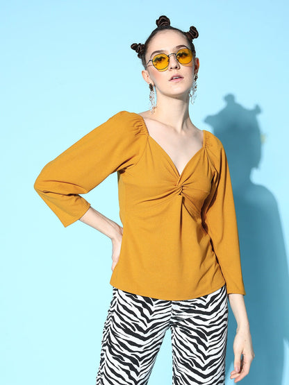 Mustard Canton Front Twisted Knot Top