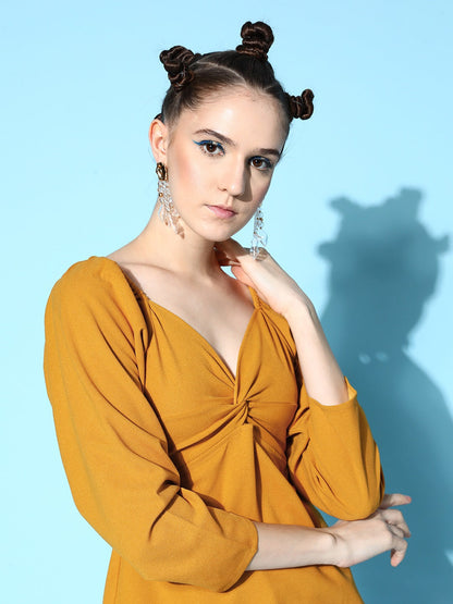 Mustard Canton Front Twisted Knot Top