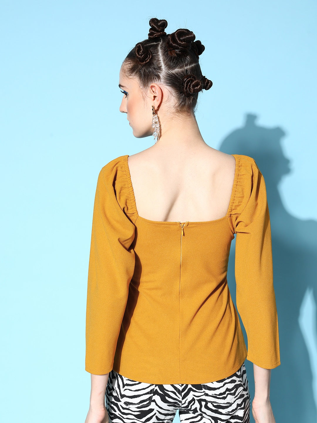 Mustard Canton Front Twisted Knot Top