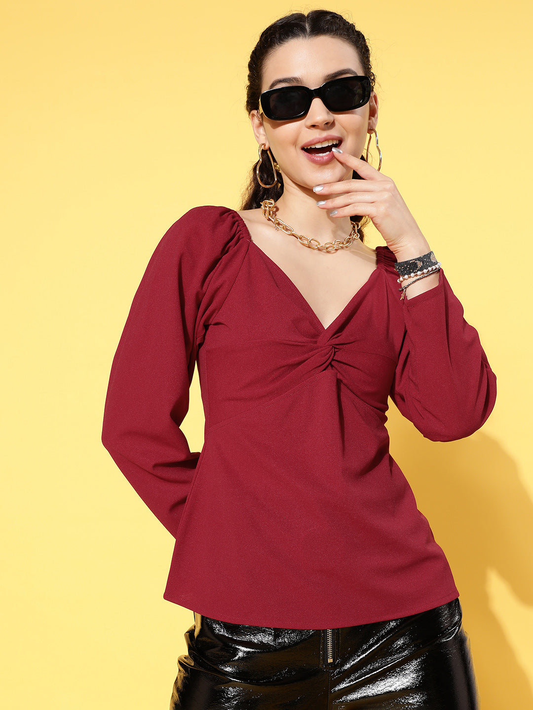 Red Canton Front Twisted Knot Top