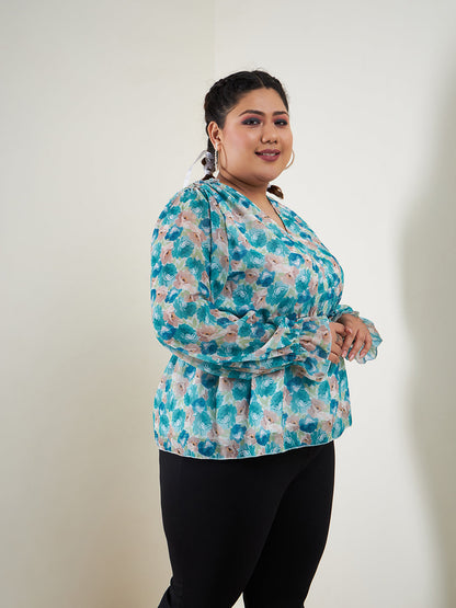 Teal Floral Printed Top