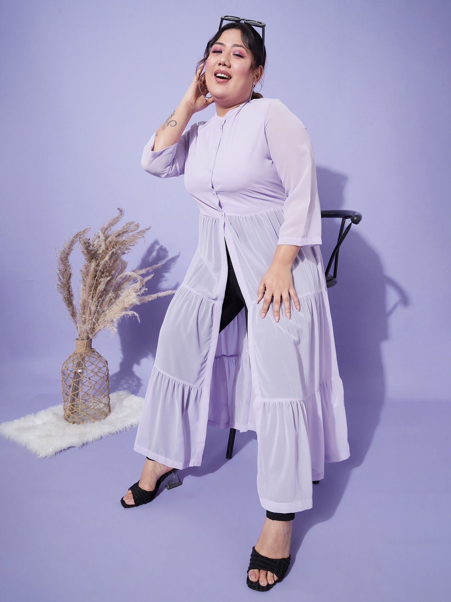 Lavender Front Open Sheer Tiered Maxi Top