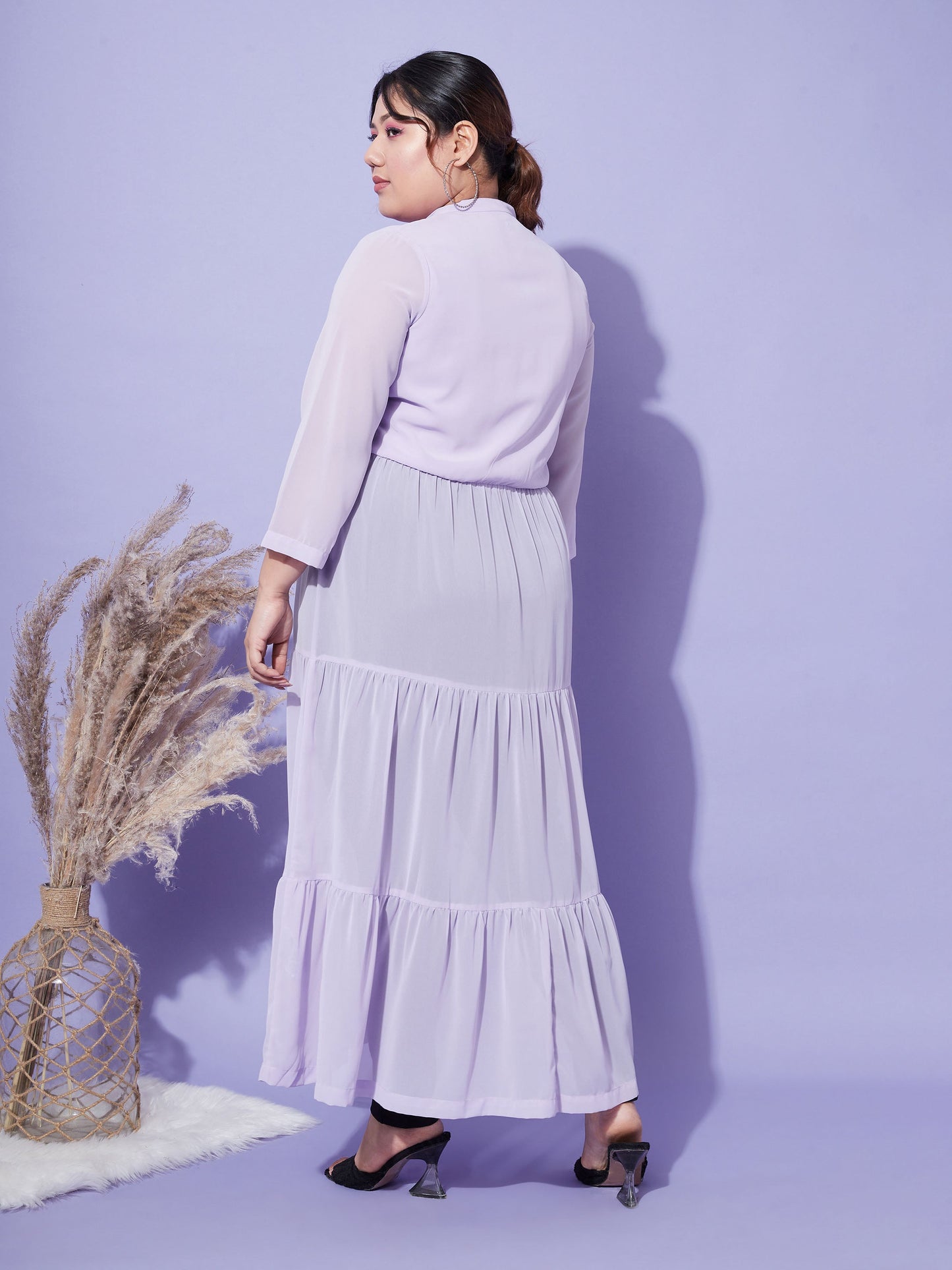 Lavender Front Open Sheer Tiered Maxi Top