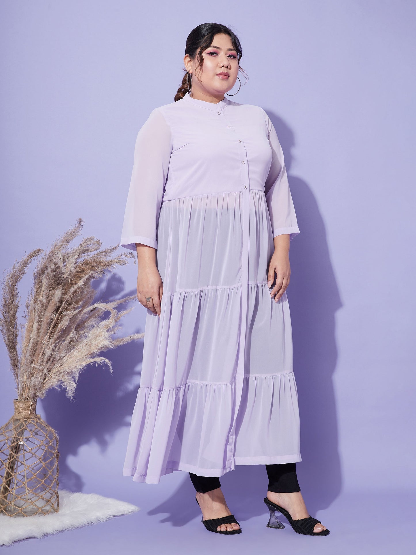Lavender Front Open Sheer Tiered Maxi Top