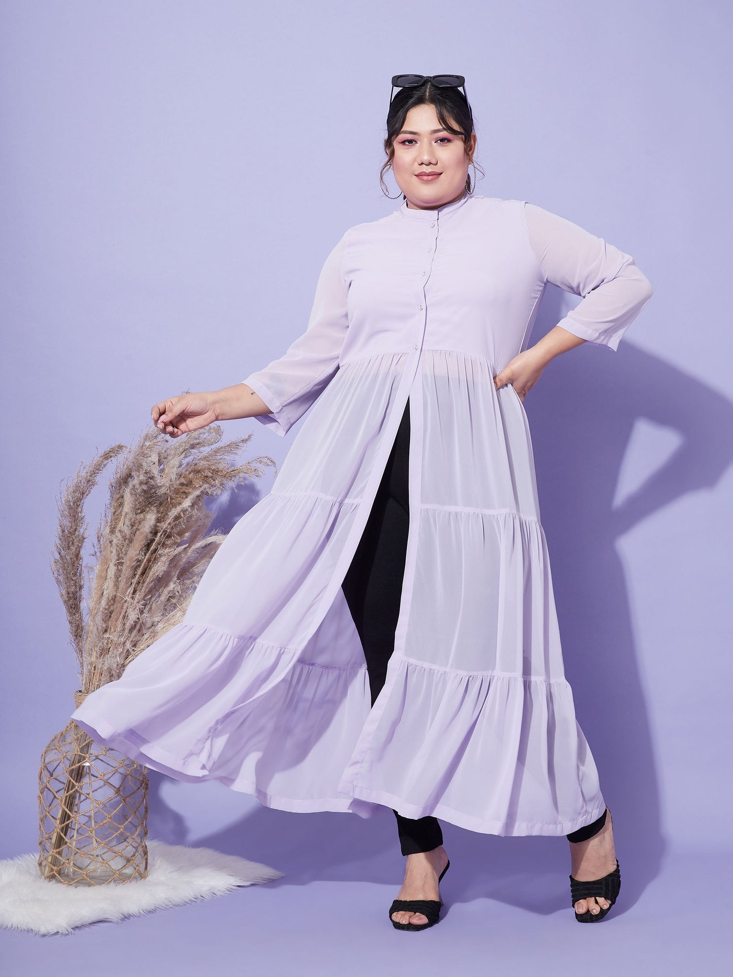 Lavender Front Open Sheer Tiered Maxi Top