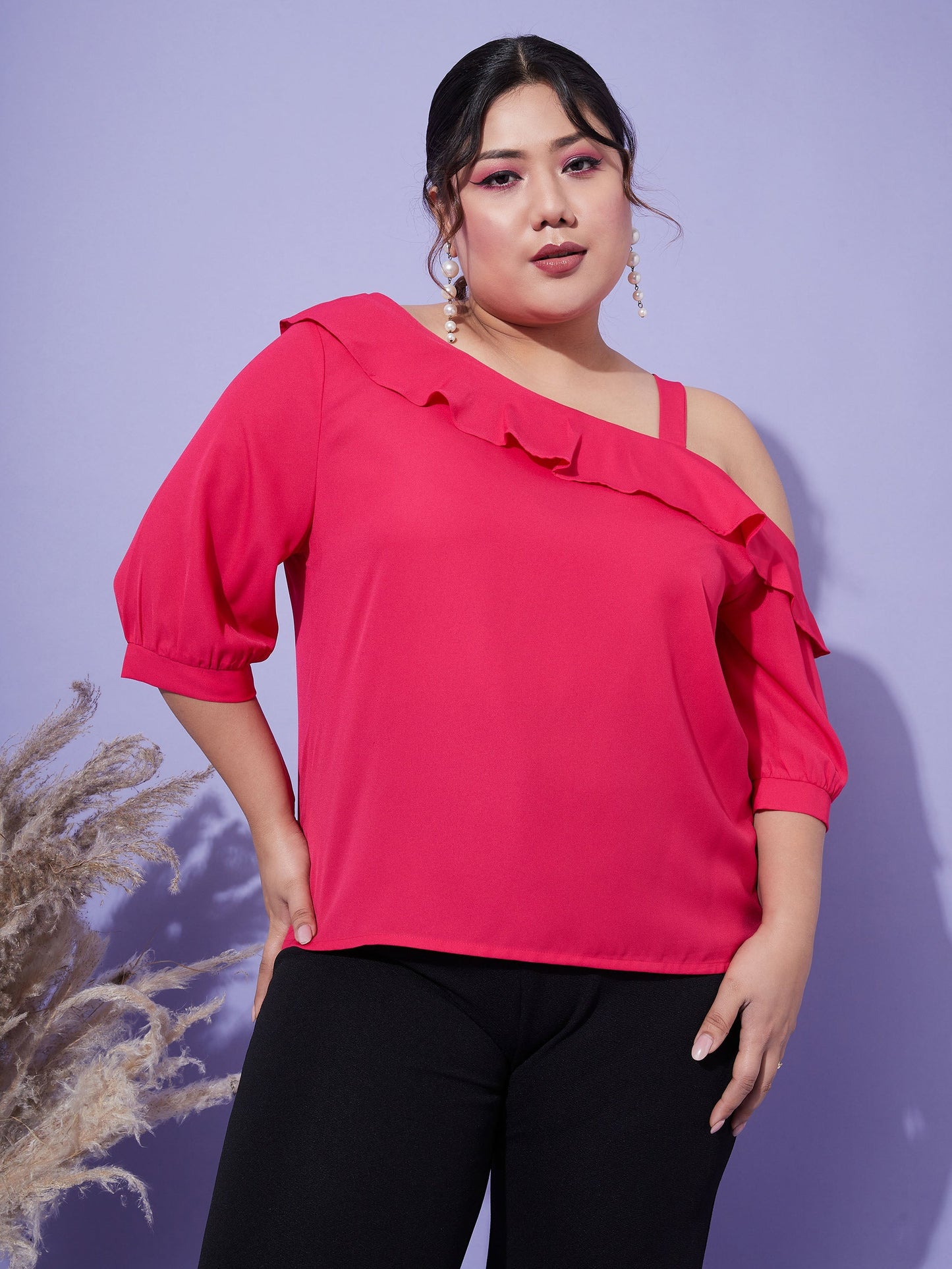 Magenta One Shoulder Ruffle Top
