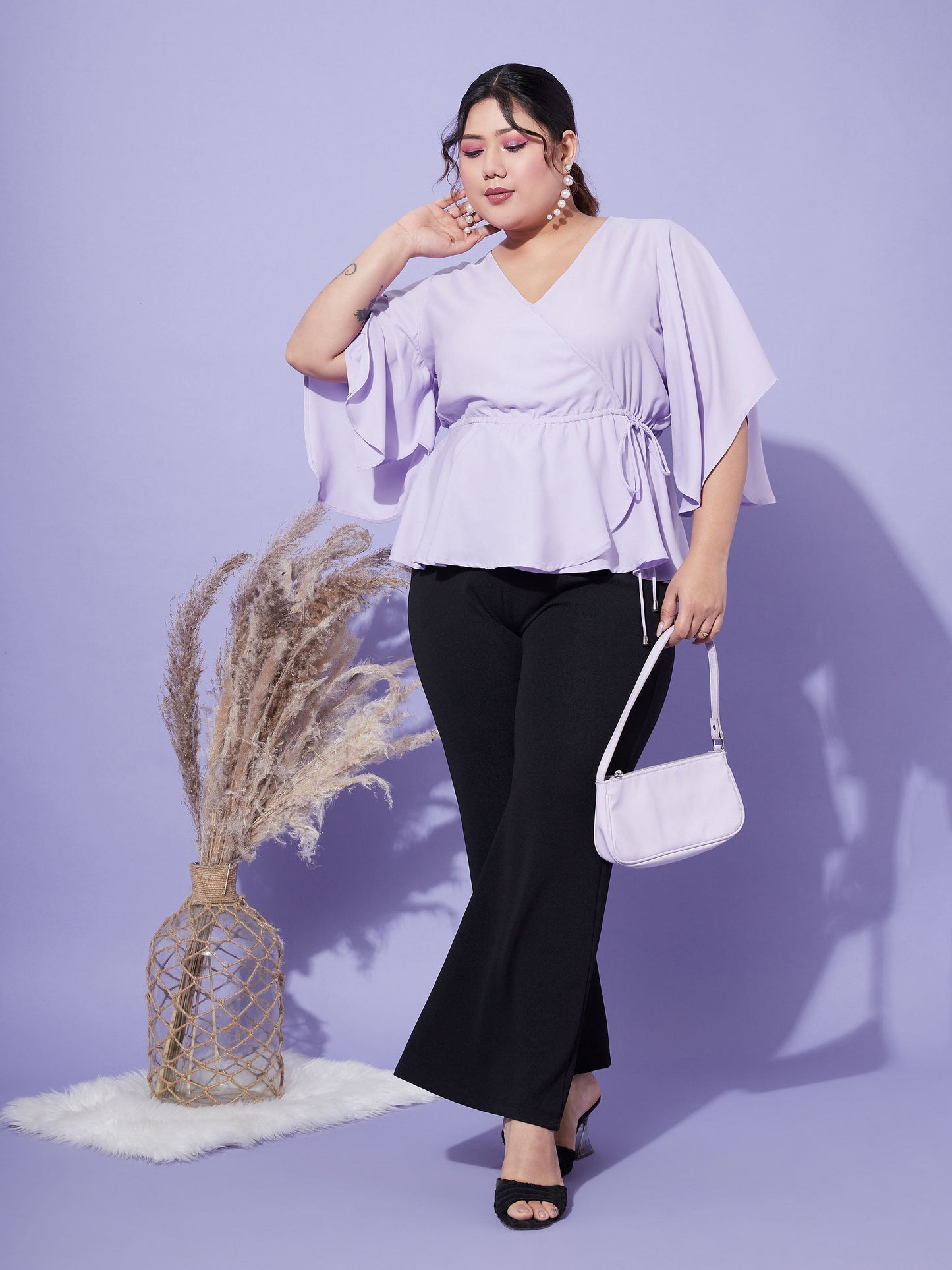 Lavender Short Frill Sleeves Wrap Top