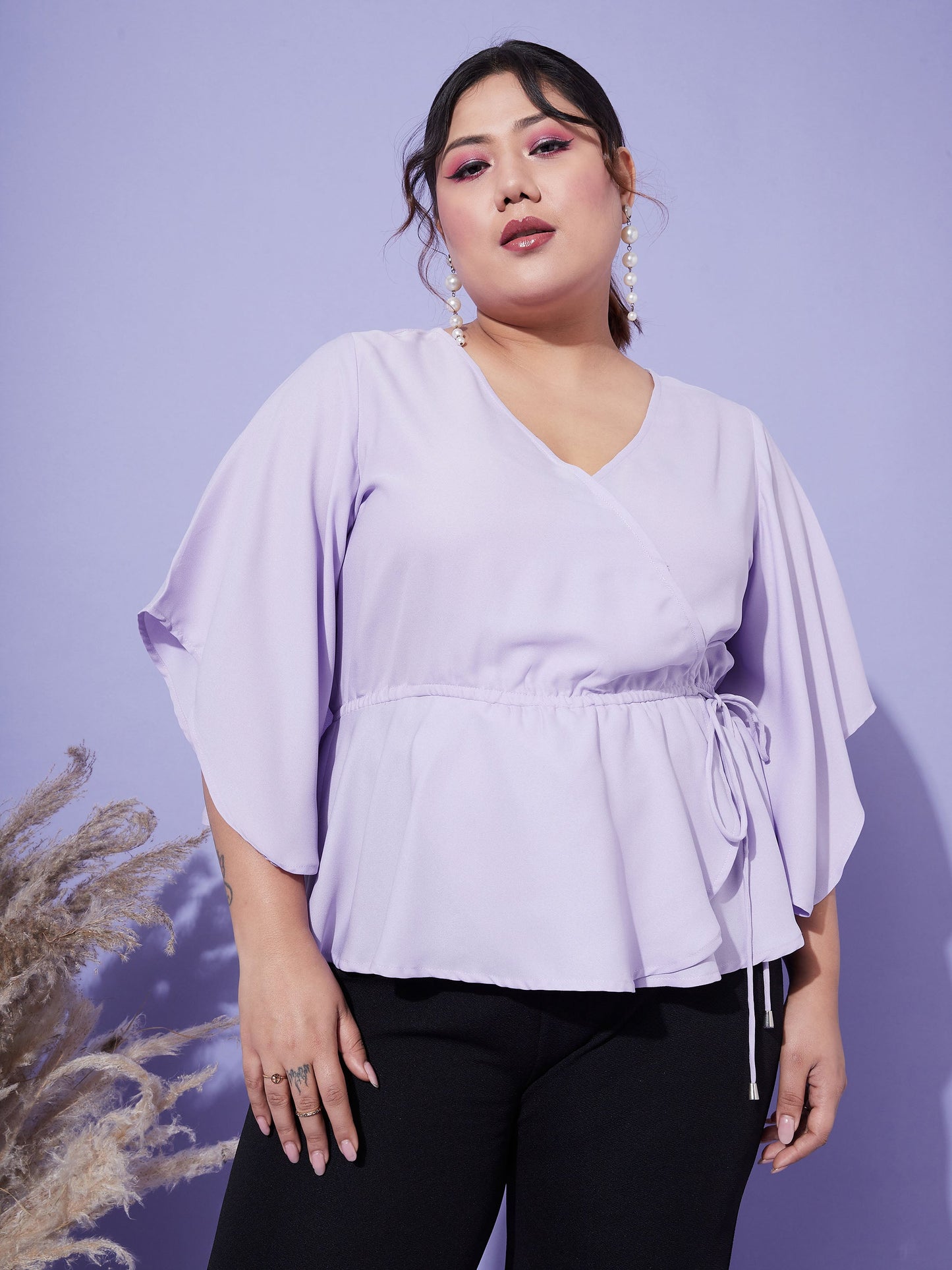 Lavender Short Frill Sleeves Wrap Top
