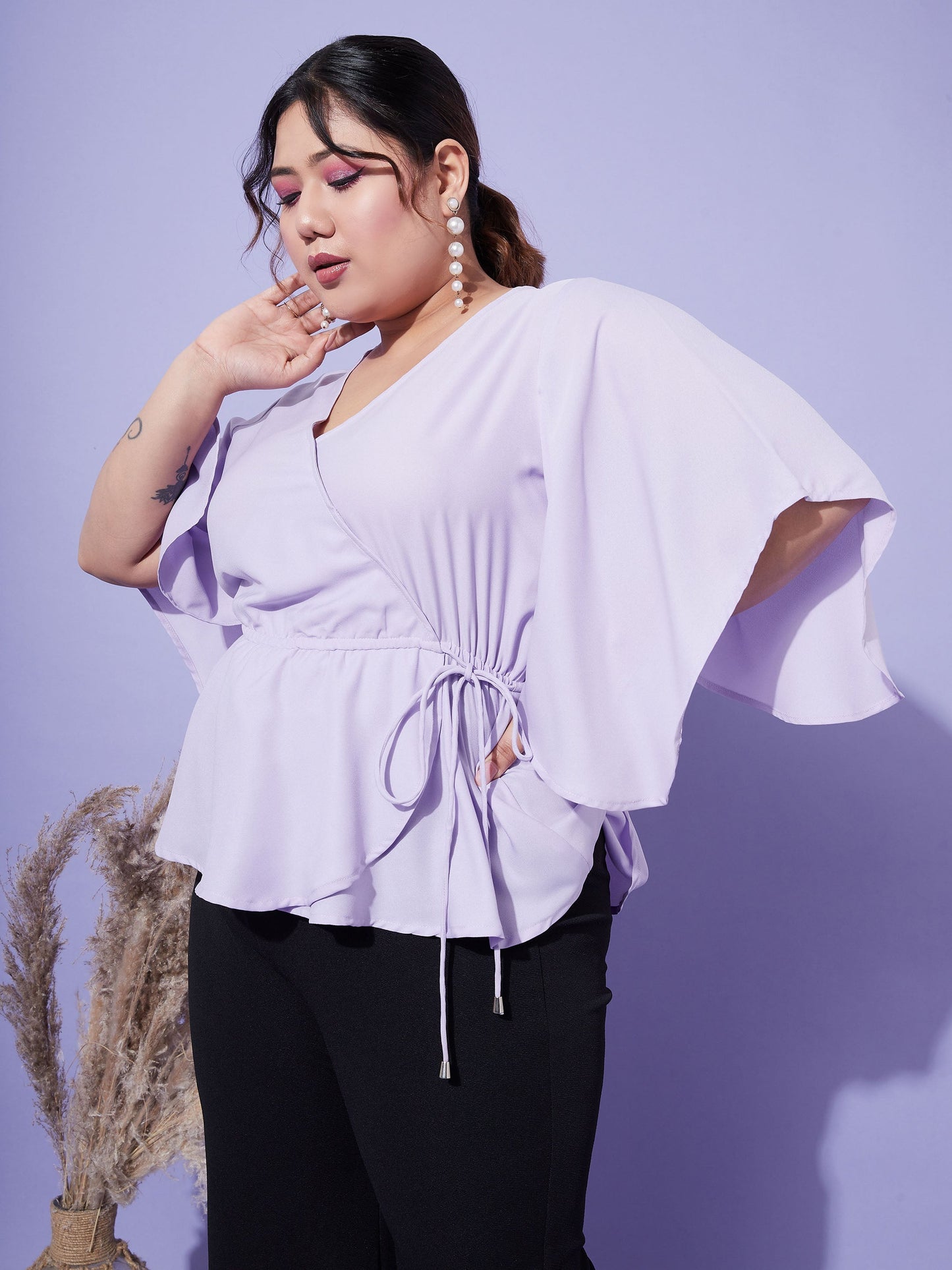 Lavender Short Frill Sleeves Wrap Top