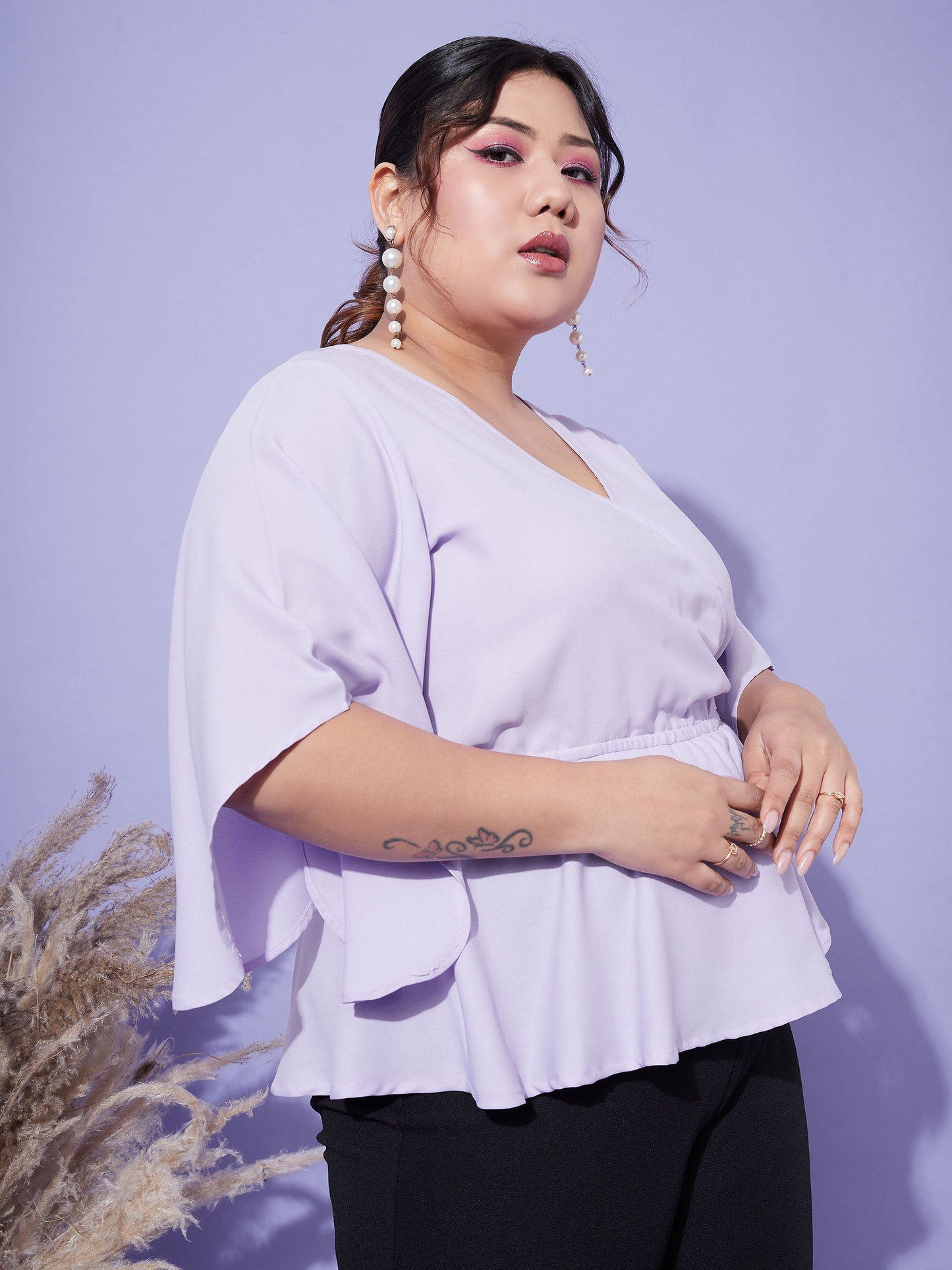 Lavender Short Frill Sleeves Wrap Top