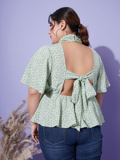 Green Floral Back Tie-up Top
