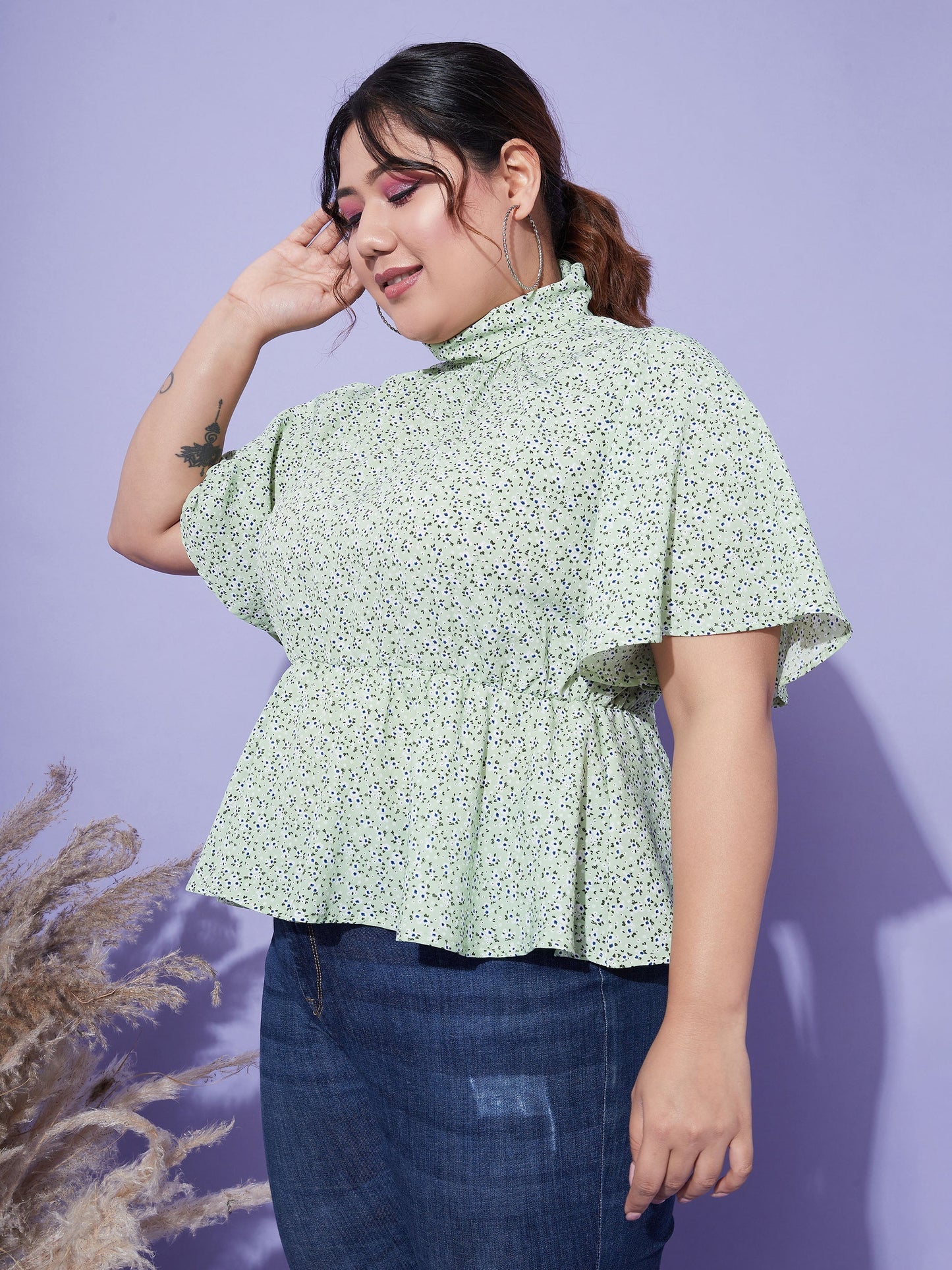 Green Floral Back Tie-up Top