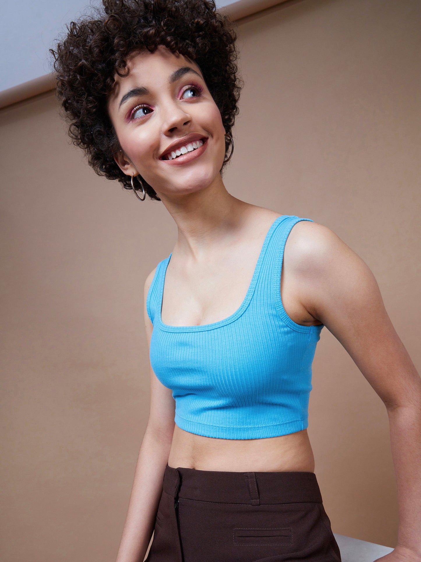 Turquoise Rib Square Neck Cropped Tank Top
