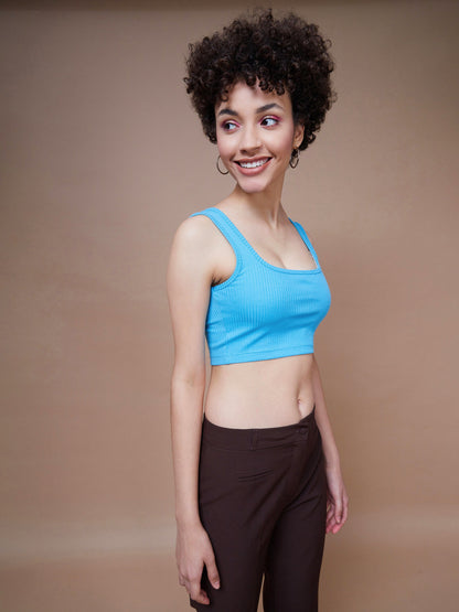 Turquoise Rib Square Neck Cropped Tank Top