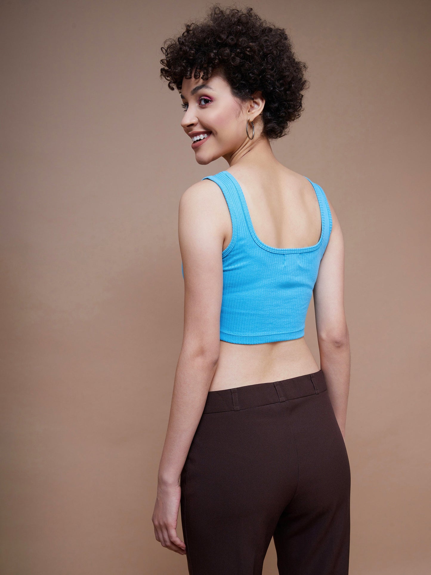 Turquoise Rib Square Neck Cropped Tank Top