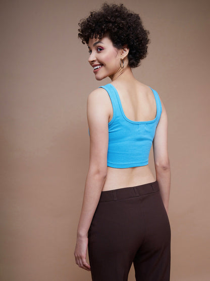 Turquoise Rib Square Neck Cropped Tank Top