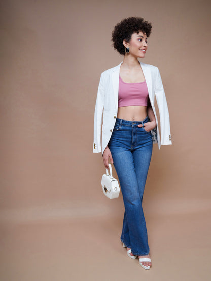 Women Pink Rib Square Neck Cropped Tank Top