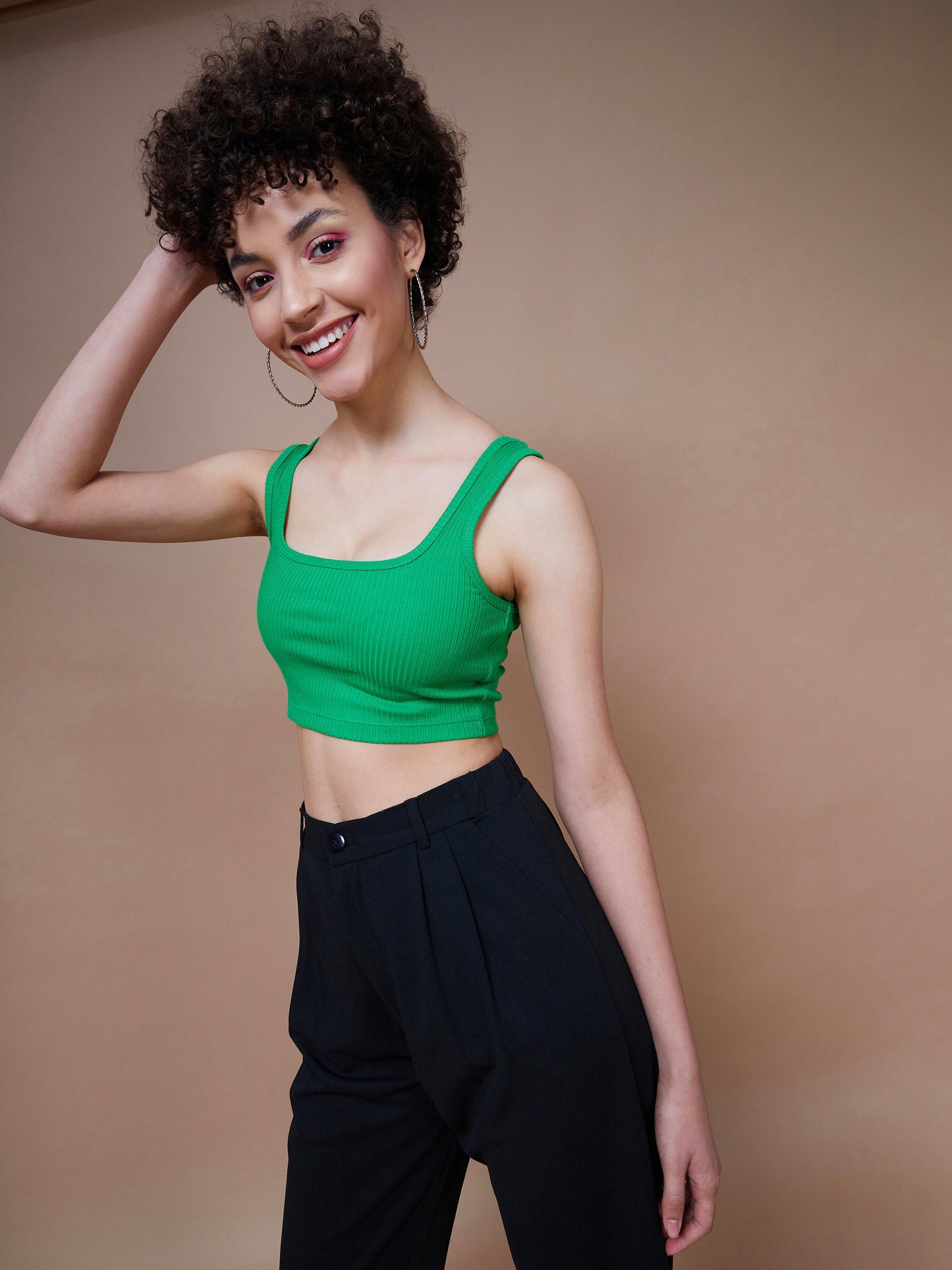 Women Green Rib Square Neck Cropped Tank Top