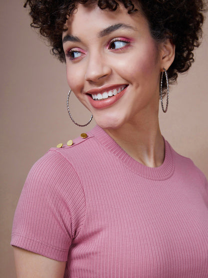 Pink Rib Round Neck Top