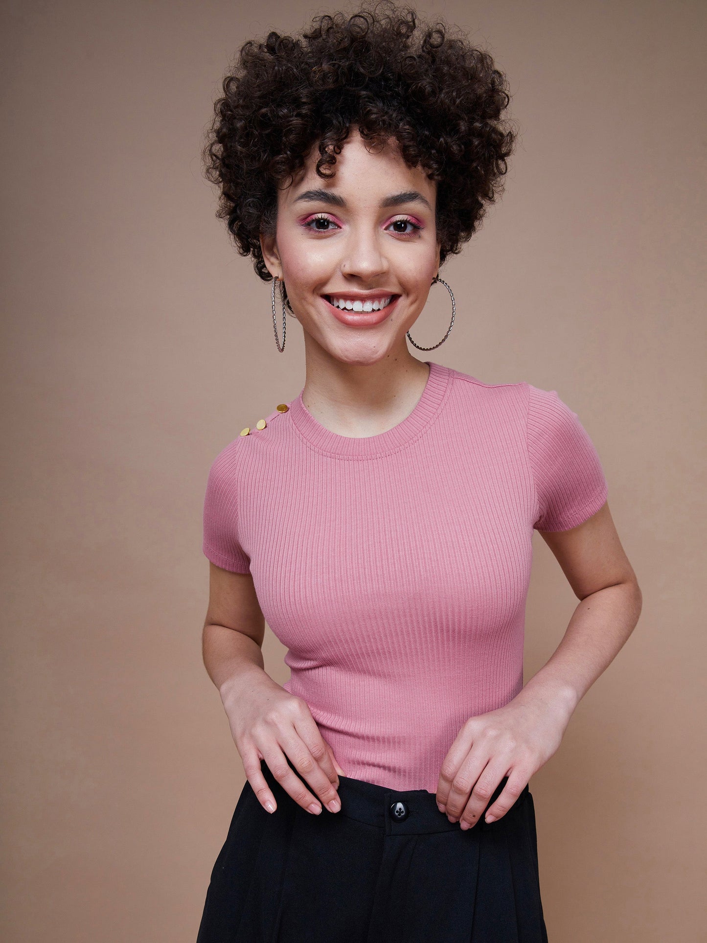 Pink Rib Round Neck Top