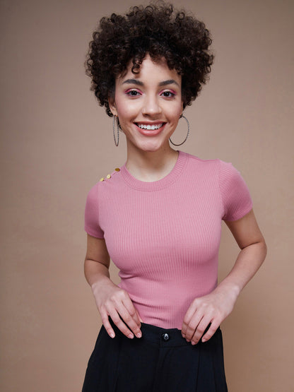 Pink Rib Round Neck Top